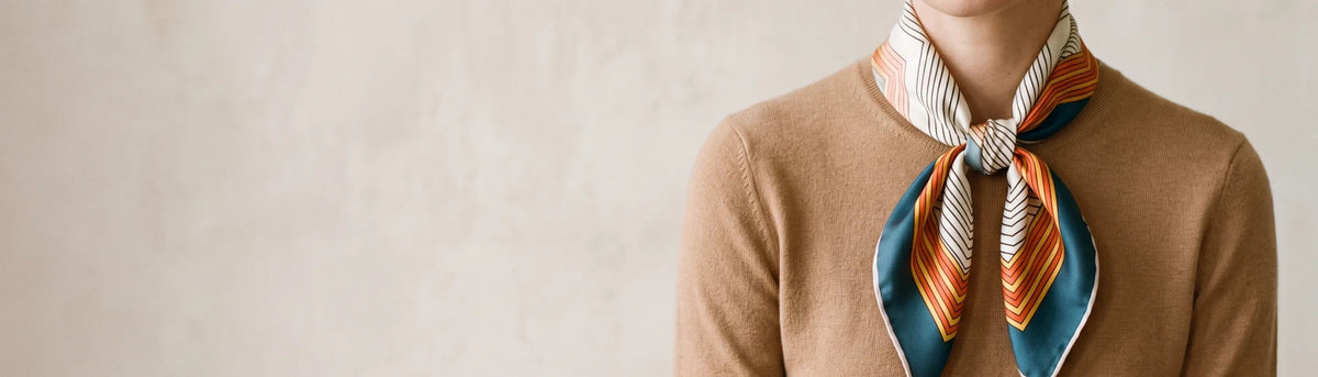 Small striped silk square tied in a front knot at the neck over a camel sweater