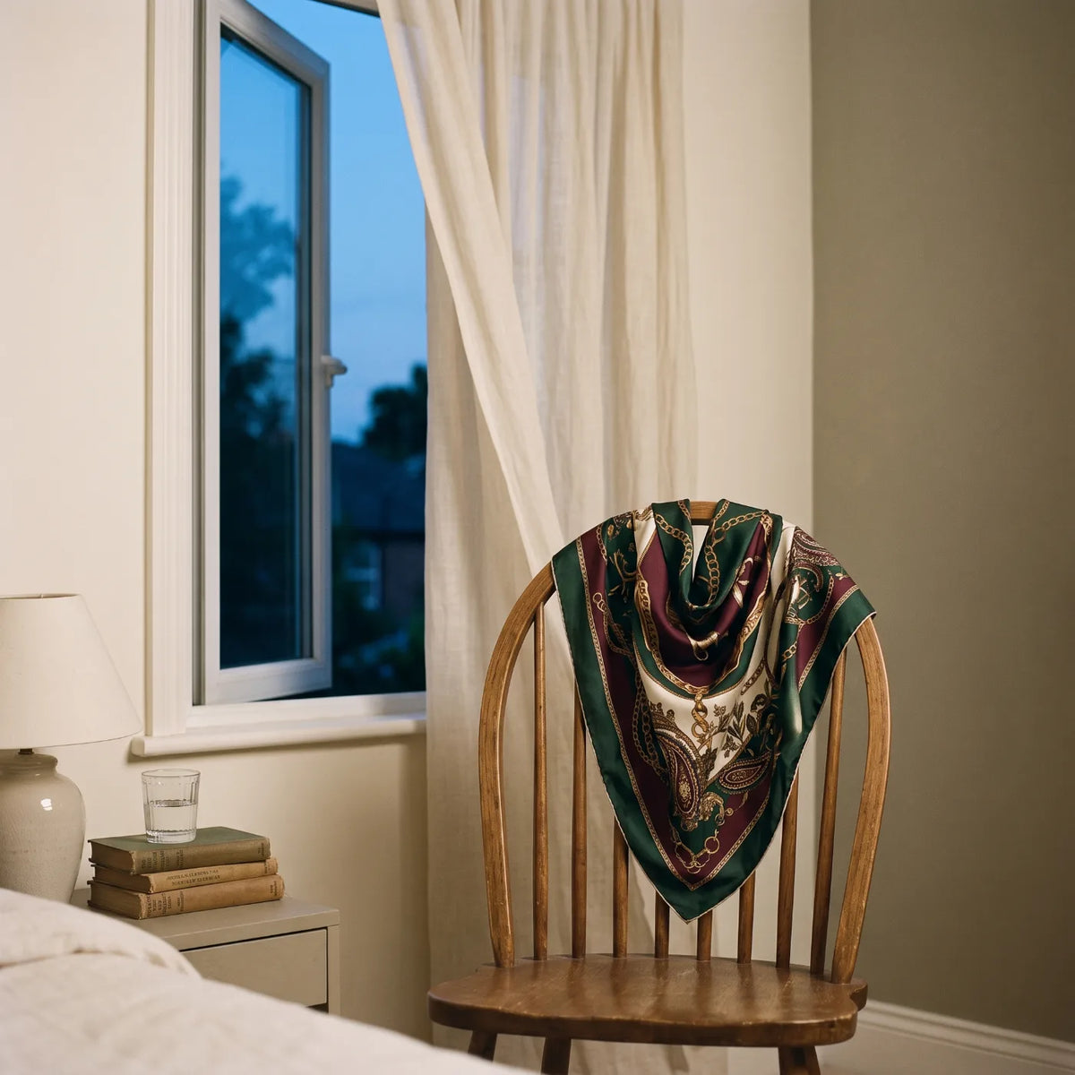 Printed silk square airing over the back of a wooden chair by an open window