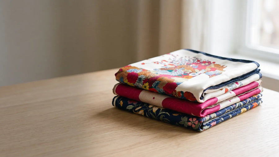 Stack of folded printed silk scarves on a wooden table by a window