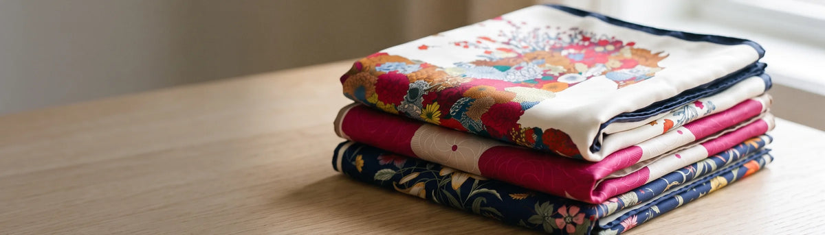 Stack of folded printed silk scarves on a wooden table by a window