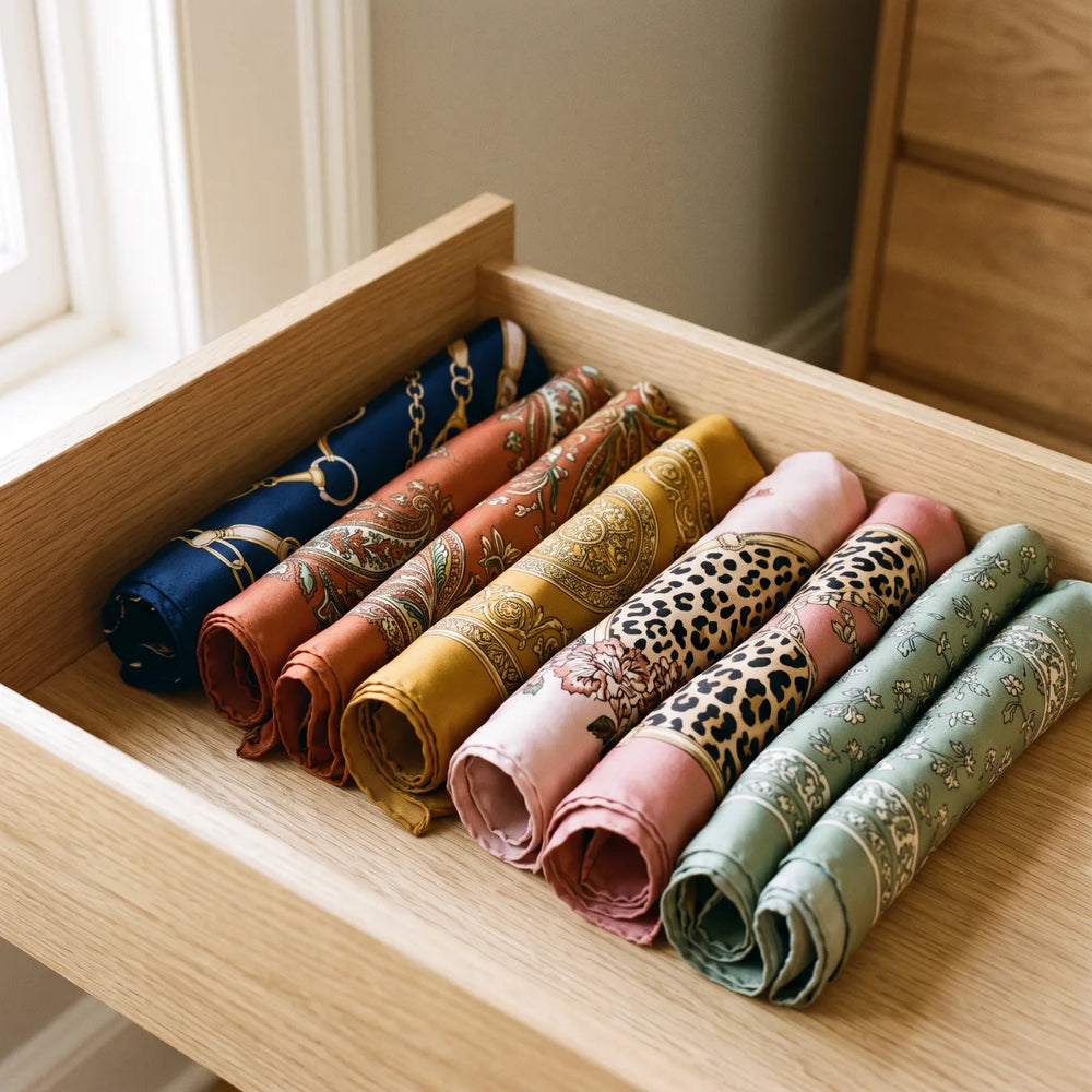 Printed silk scarves rolled loosely and stored side by side in a wooden drawer