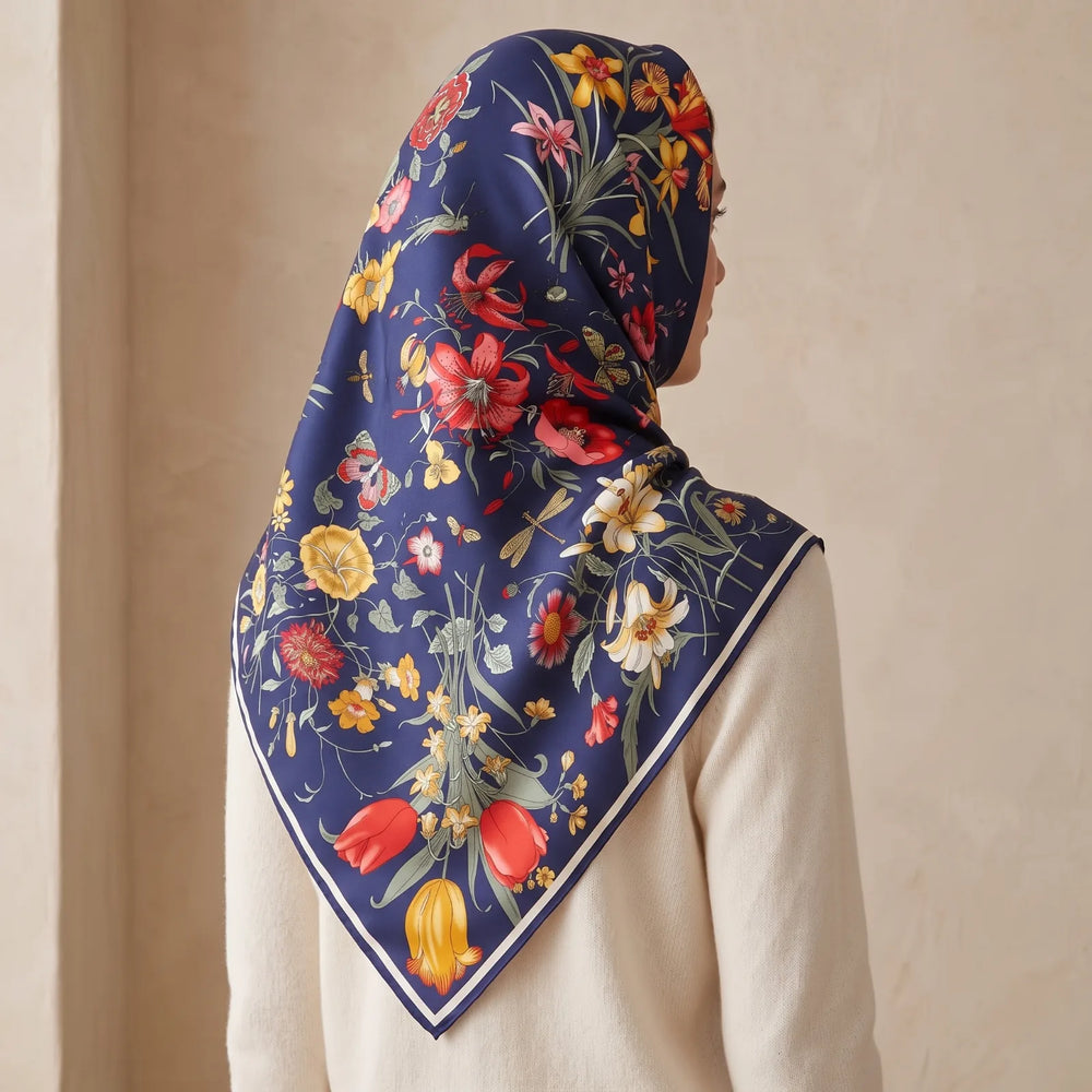 Navy floral silk shawl laid over the hair and falling over both shoulders