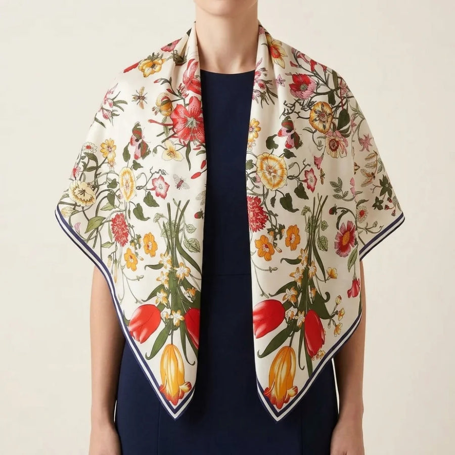 Botanical print silk shawl draped over the shoulders of a navy evening dress