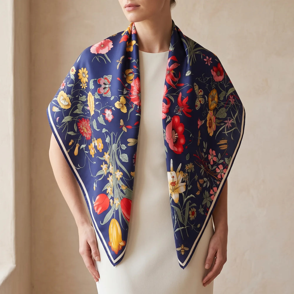 Navy floral silk shawl folded into a triangle and draped over the shoulders