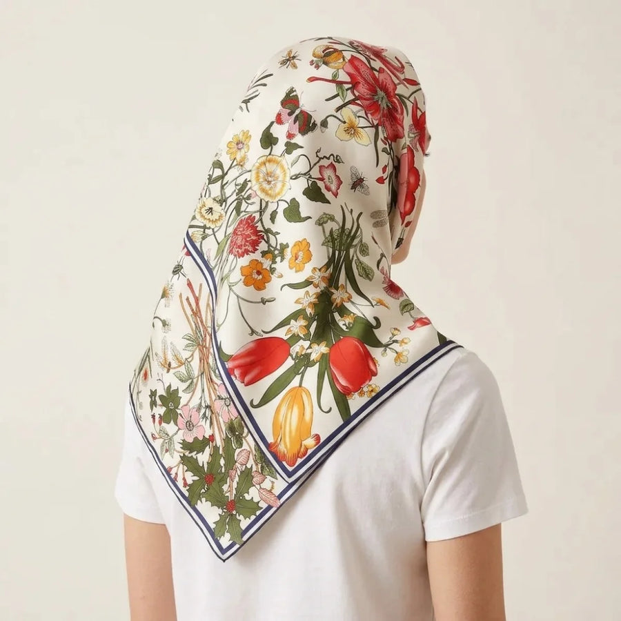 Botanical print silk shawl covering the head and both shoulders