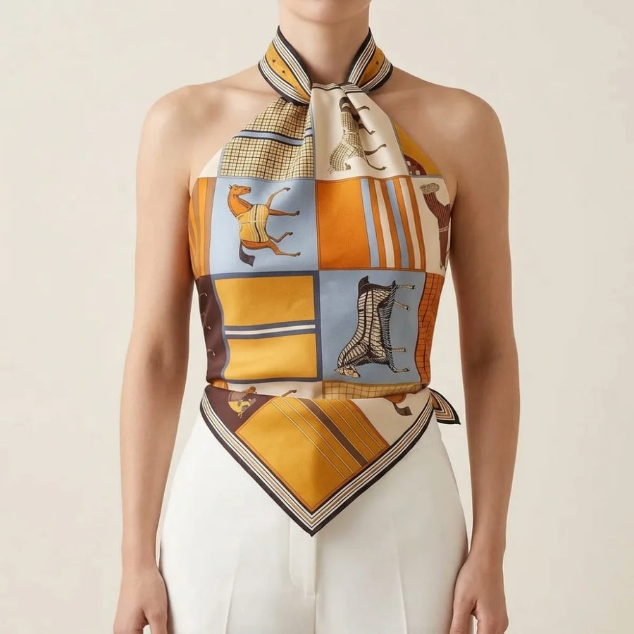 Horse print silk square scarf worn as a halter top, tied at the neck and the back