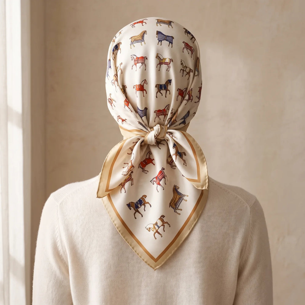 Ivory horse print silk square scarf covering the hair, knotted at the nape