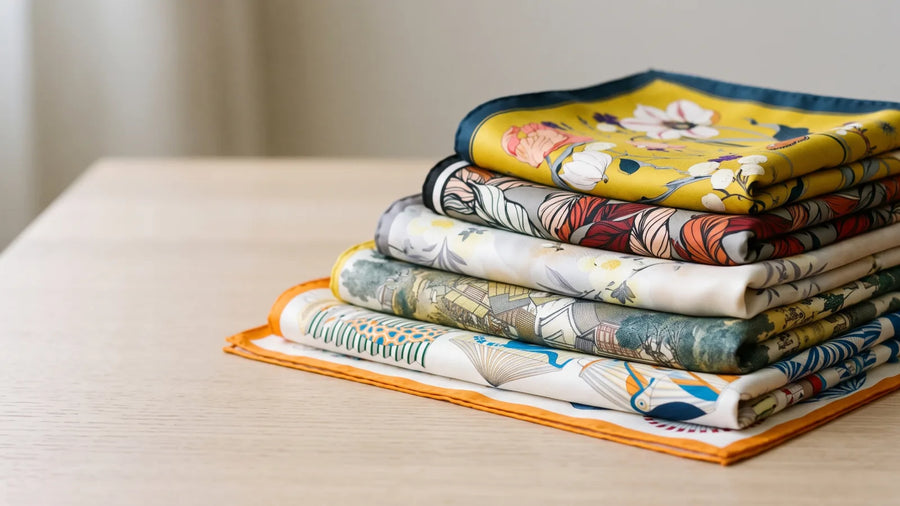 Stack of folded printed silk square scarves in graduated sizes on a wooden table