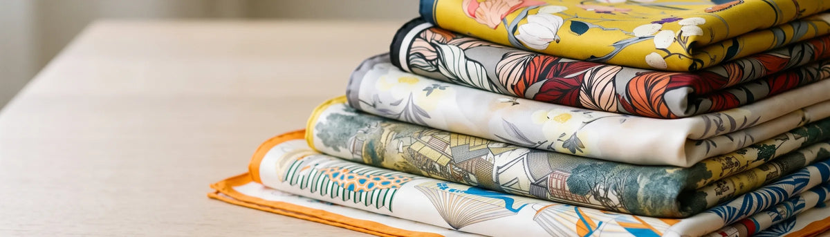 Stack of folded printed silk square scarves in graduated sizes on a wooden table