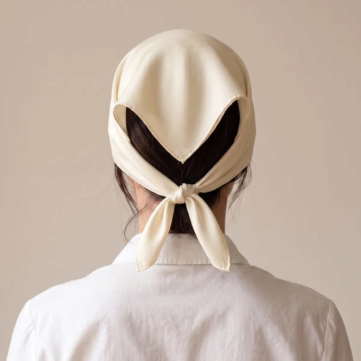 Cream silk bandana seen from behind, spread over the hair and tied low at the nape