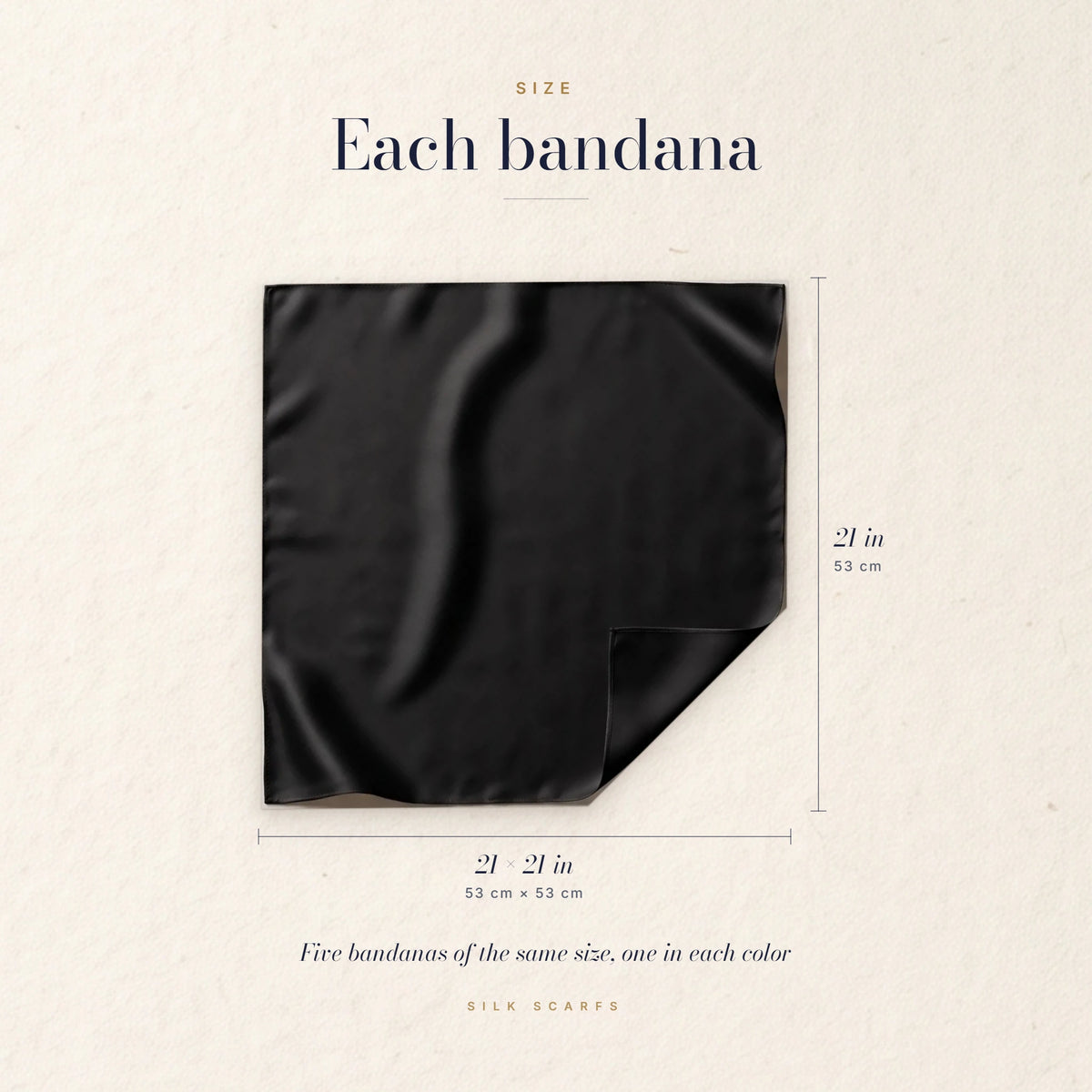 Solid black silk bandana with its 21 × 21 in (53 × 53 cm) measurements