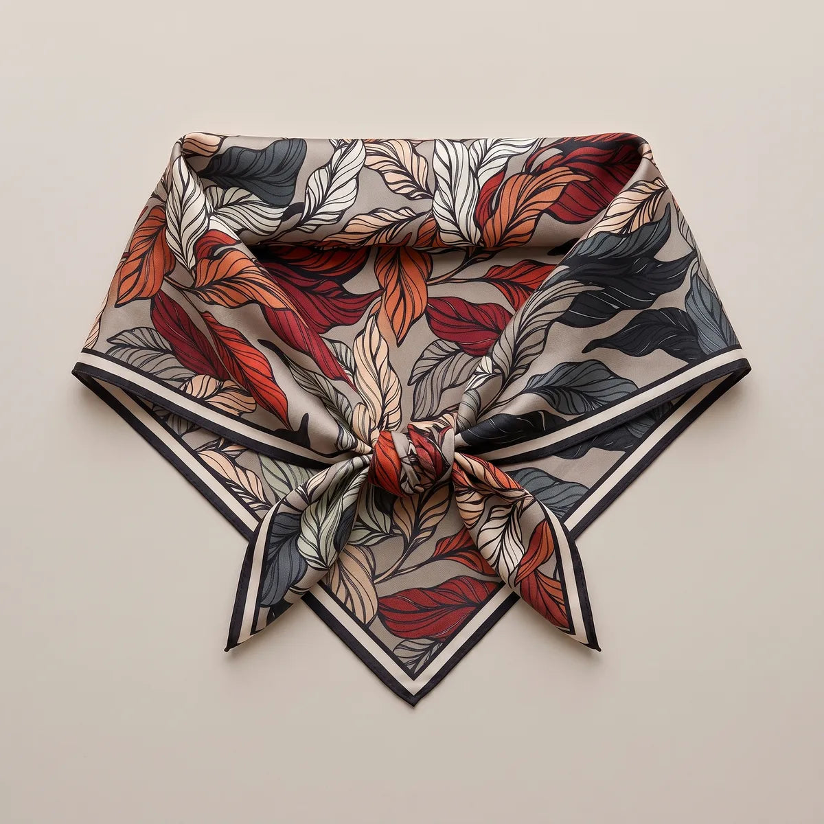 Leaf print silk square knotted at the front and laid flat, striped border forming a V
