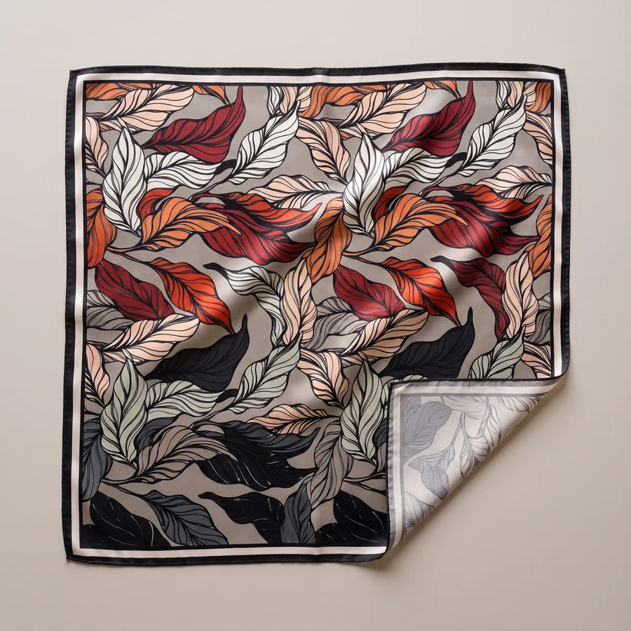 Taupe Leaf Print Silk Square Scarf Leaf Drift