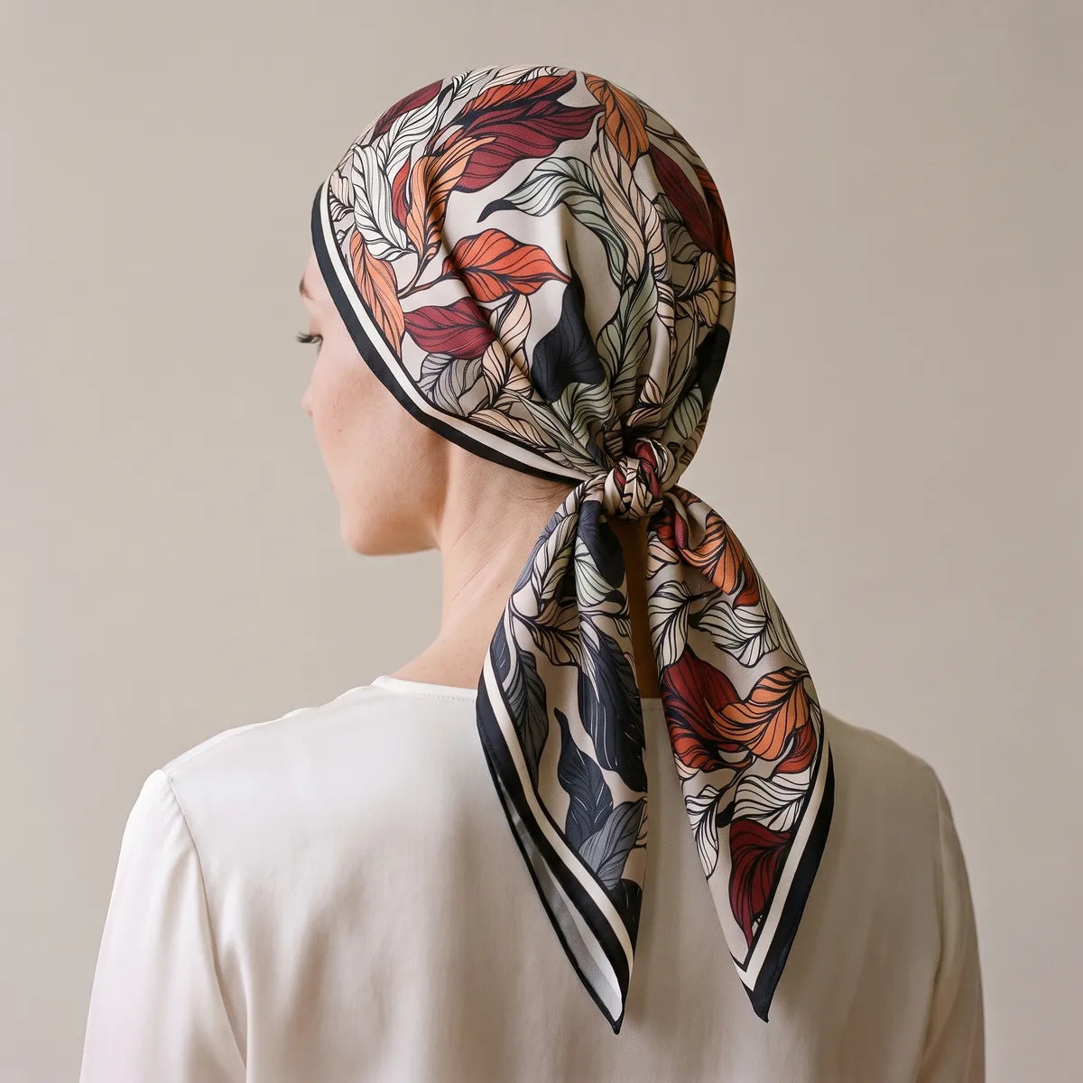 Taupe leaf scarf covering the hair, knotted at the nape, seen from behind