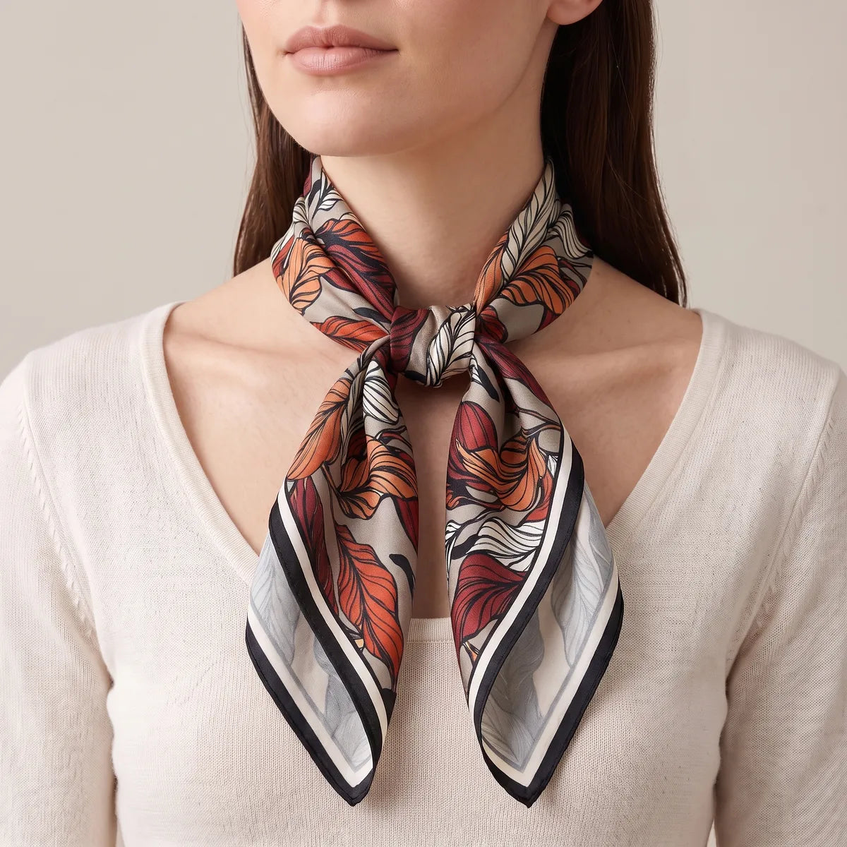 Woman in a cream sweater wearing the taupe leaf print square knotted low on her neck