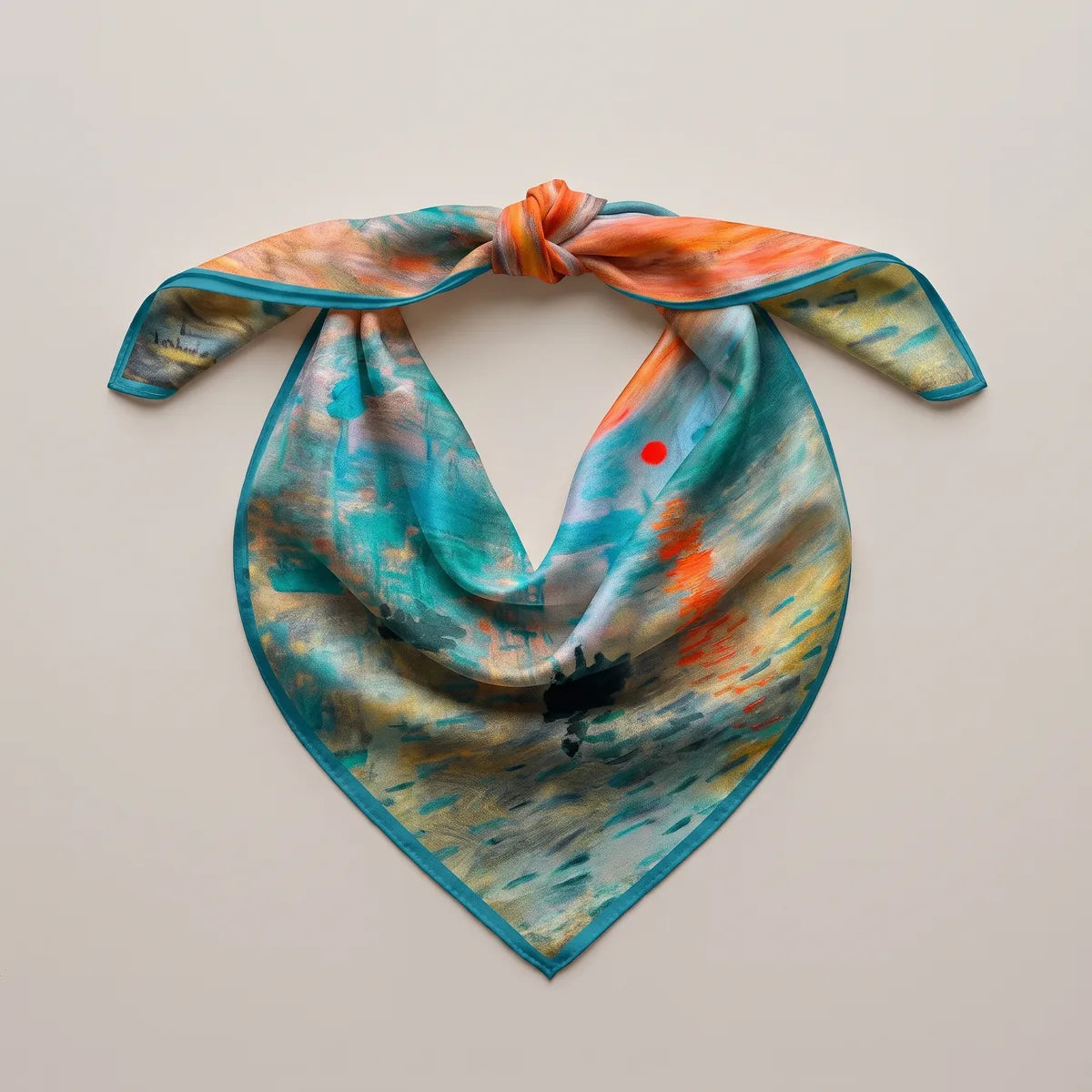 Silk bandana scarf printed with Monet's Impression, Sunrise, laid as a bib with a top knot, red sun on one side