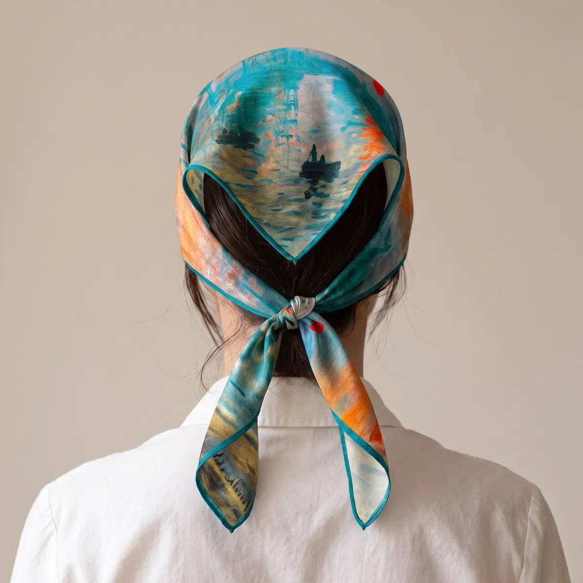 Teal and orange Monet kerchief from behind, a dark boat on its point, tails knotted at the nape over the hair
