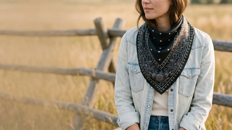 Black star print silk bandana worn point front with a denim jacket by a ranch fence