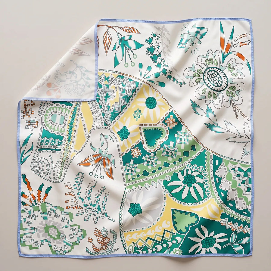 White And Teal Patchwork Floral Silk Shawl Stitch Garden