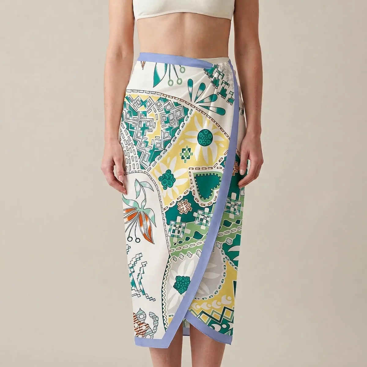 Teal and white floral silk shawl worn as a sarong at the waist, the periwinkle edge running down the front