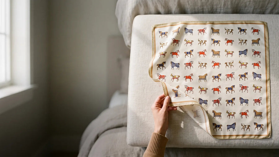 Hand lifting the corner of a cream horse print silk square laid on a linen bench