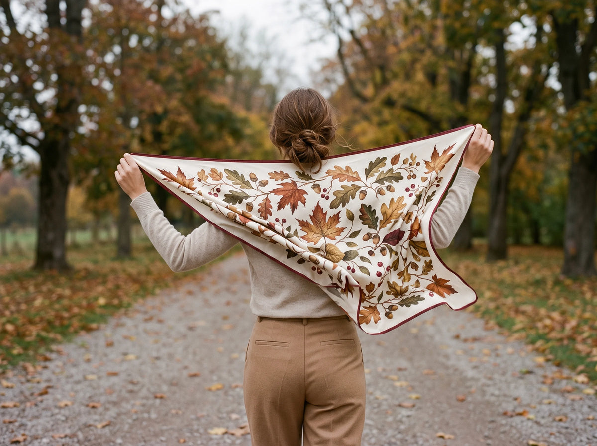Woman holding an ivory silk scarf with an autumn leaf and acorn print behind her shoulders on a maple-lined park path